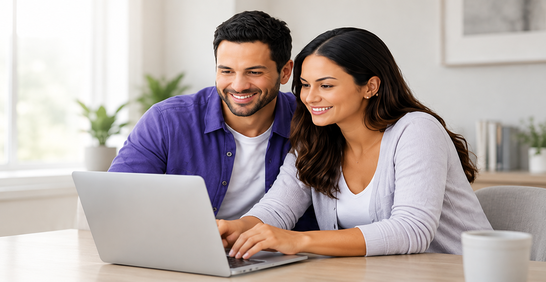 A couple reviewing savings offers together on a laptop